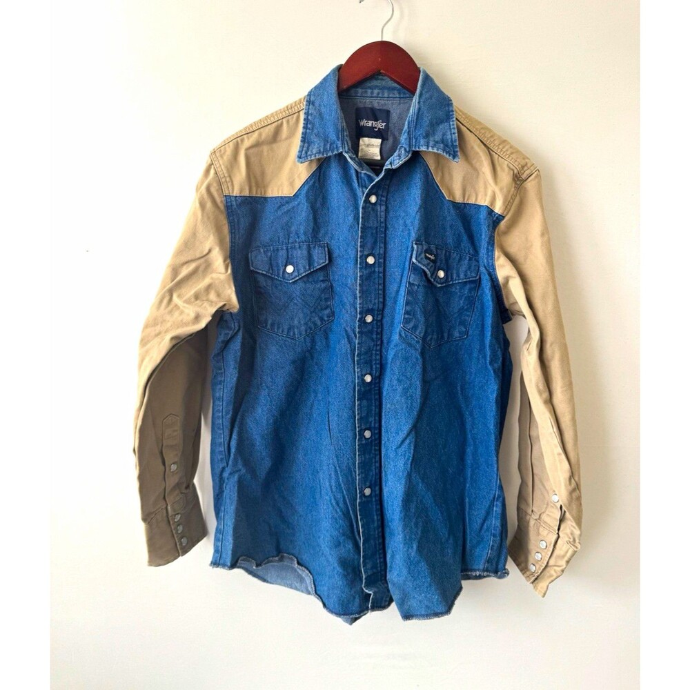 Wrangler Mens M Blue Beige Colorblock Denim Button-Up Shirt Pockets Point Collar